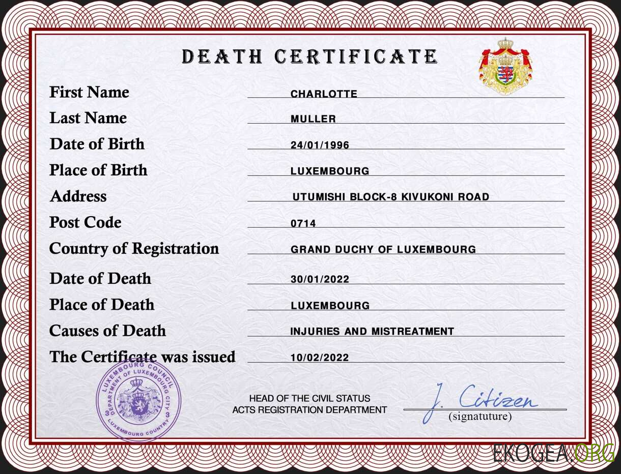 Modèle PSD de certificat de décès de l'état civil luxembourgeois